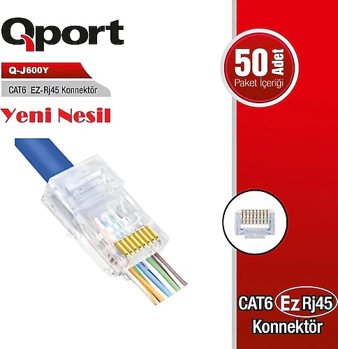 QPORT Q-J600Y CAT6 50 ADET EZ-RJ45 YENI NESIL KONNEKTOR...