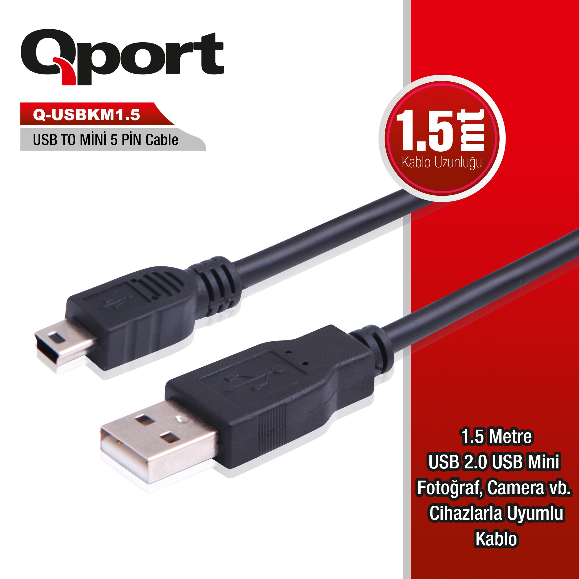 QPORT (Q-USBKM1.5) USB2.0 TO MINI USB 1.5M DATA KABLO