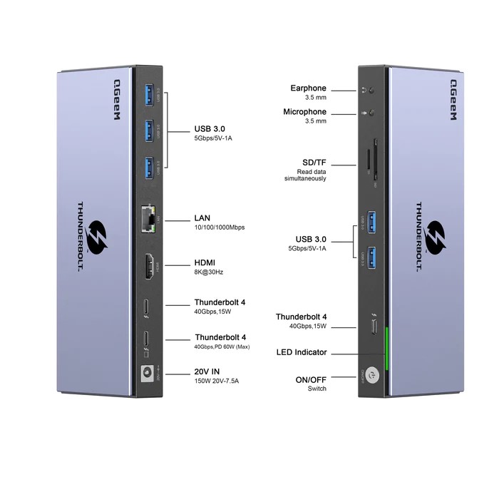 QGEEM QG-T4801 THUNDERBOLT 15IN1 TYPE-C ETH 1000MBPS-HDMI 8K 30HZ- TF-SD-USB 3.0 5GBPS- COKLAYICI