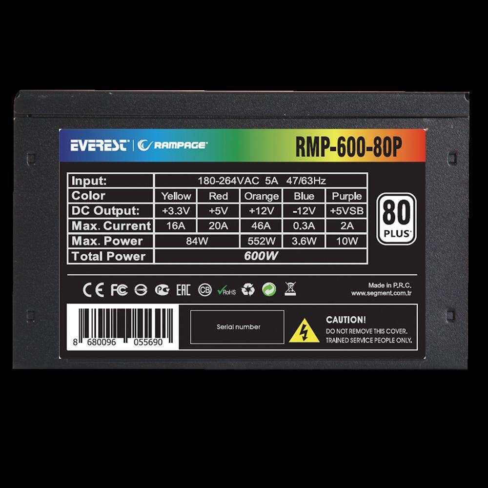RAMPAGE RMP-600-80P 600W 80 PLUS 12CM FAN AKTIF PFC POWER SUPPLY