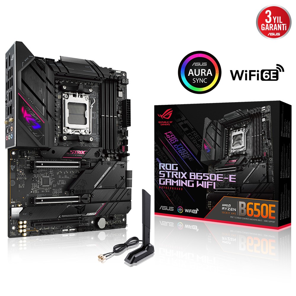 ASUS ROG STRIX B650E-E GAMING WIFI AMD B650 AM5 DDR5 6400 DP HDMI 4X M2 USB3.2 WİFİ 6E BT AURA RGB 2.5GBİT LAN ATX ARMOURY CRATE AI SUİTE 3 PCIE SLOT Q RELEASE