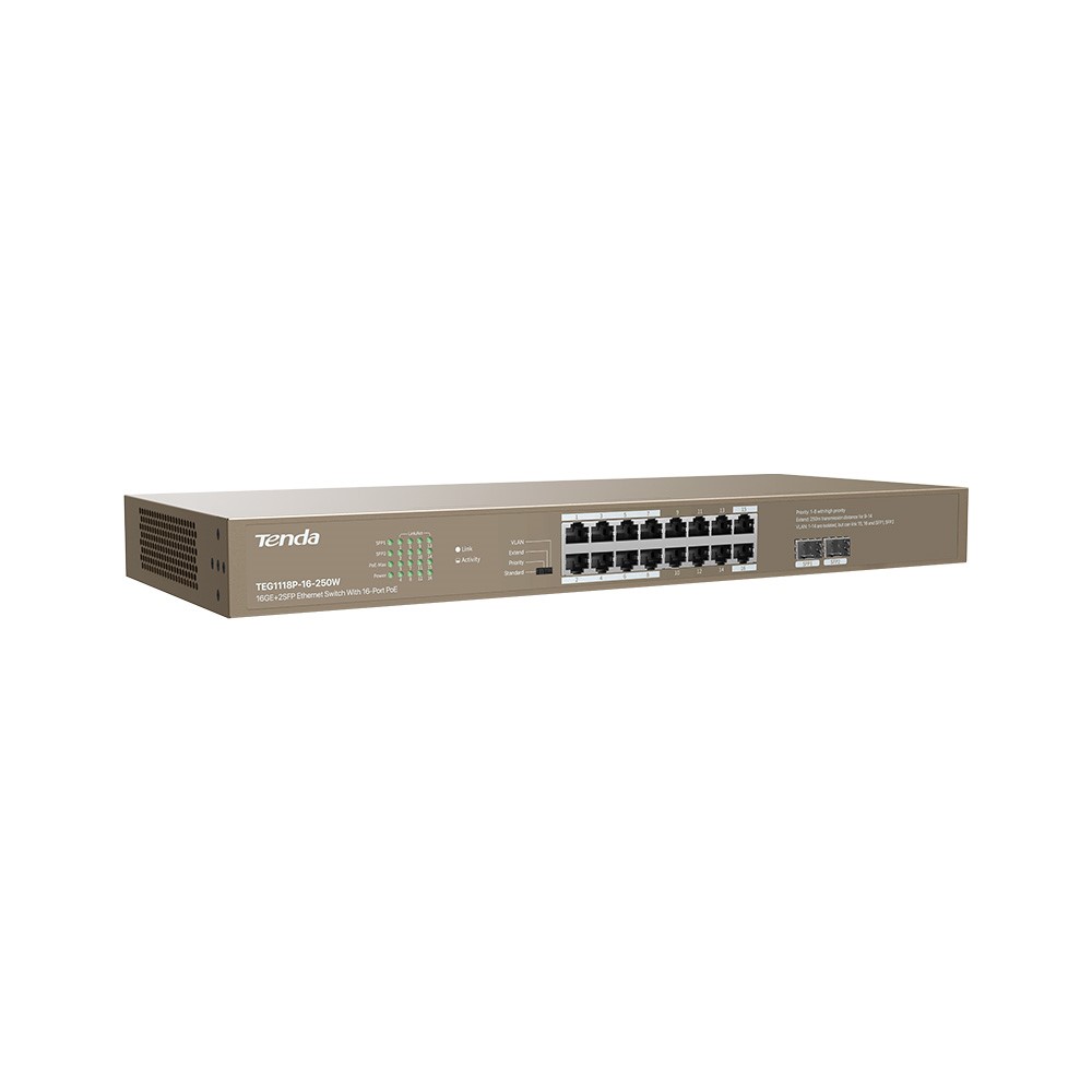 TENDA SWITCH POE GIGABIT STANDART 16 PORT TEG1118P-16-250W