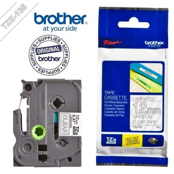 BROTHER P-TOUCH TZE-135 TZE-TAPE 12MM SEFFAF UZERINE BEYAZ LAMINASYONLU ETIKET