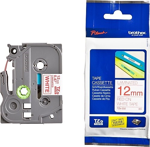 BROTHER P-TOUCH TZE-232 TZE-TAPE 12MM BEYAZ ÜZERİNE KIRMIZI LAMİNASYONLU ETİKET