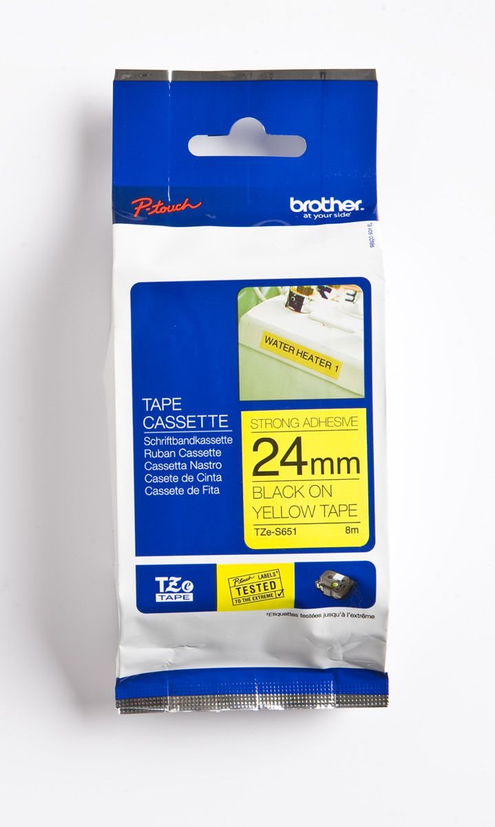 BROTHER P-TOUCH TZE-S651 TZE-TAPE 24MM SARI UZERINE SIYAH GUCLU YAPISKANL