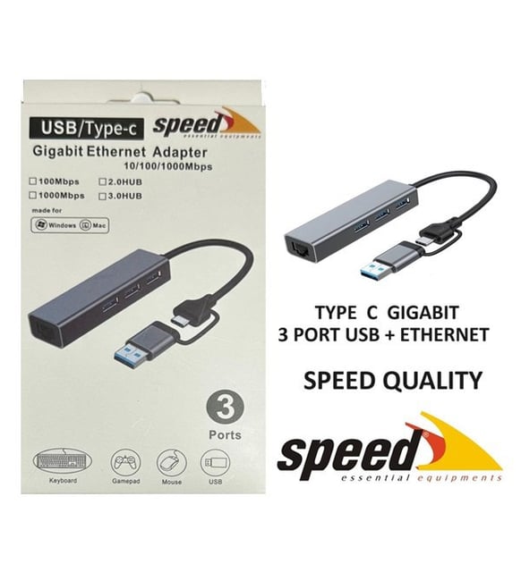 SPEED SP UET01 10/100/1000MBPS USB / TYPE-C 3 PORT USB 3.0 ÇOKLAYICI GIGABIT ETHERNET DÖNÜŞTÜRÜCÜ