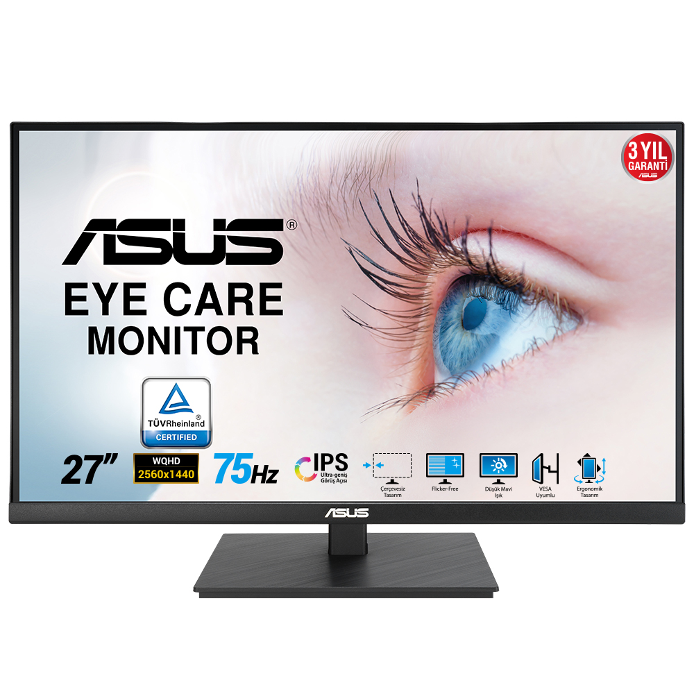 ASUS VA27AQSB 27 IPS FREESYNC 2560x1440 1MS(MPRT) 75HZ DP HDMI USB X2 MM VESA 3YIL EYECARE, FLICKER-FREE,CERCEVESIZ,DUSUK MAVI ISIK,PIVOT