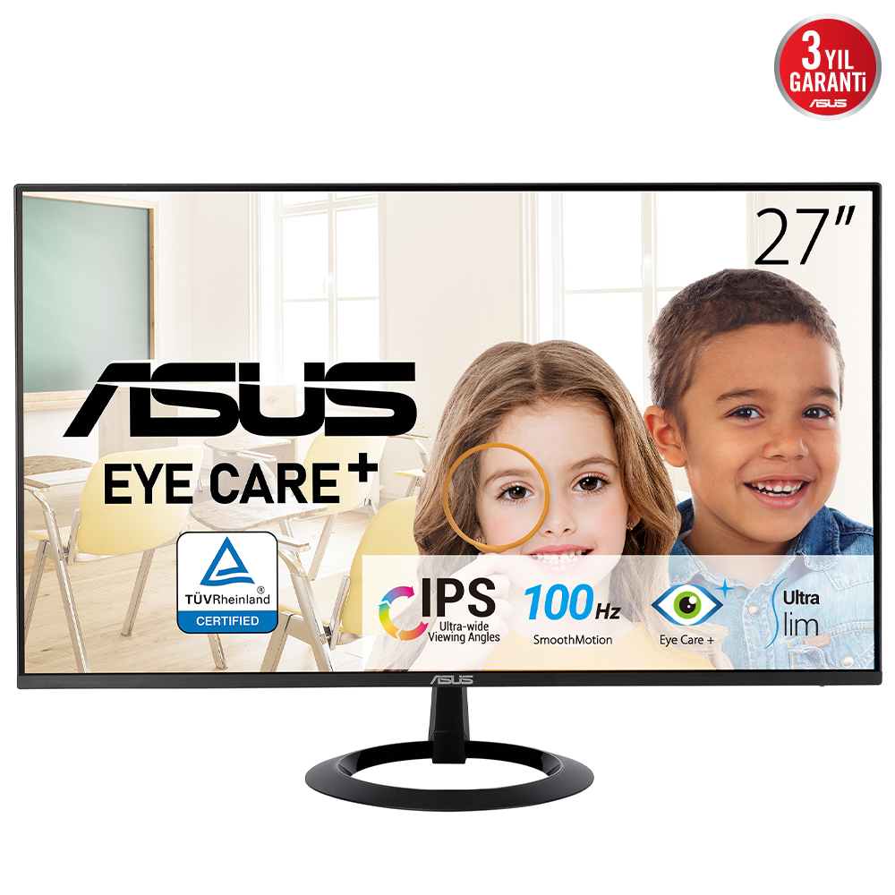 ASUS VZ27EHF 27 IPS FREESYNC 1920x1080 1MS 100HZ HDMI VESA 3YIL EYECARE, FLICKER-FREE,CERCEVESIZ,DUSUK MAVI ISIK Monitör